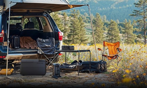Estación de energía portátil EcoFlow RIVER 3 conectada a dispositivos en una zona de acampada