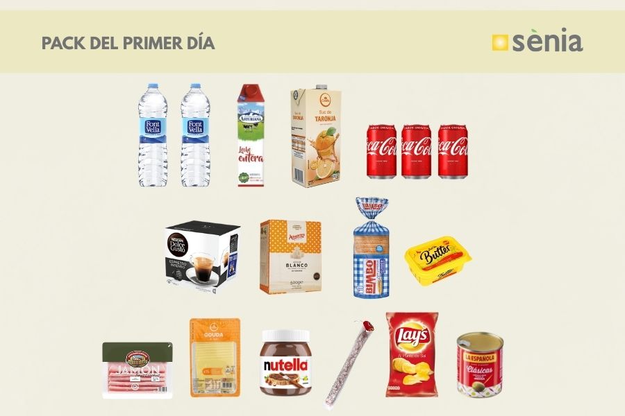 First day supermarket pack at campsite with basic groceries and drinks