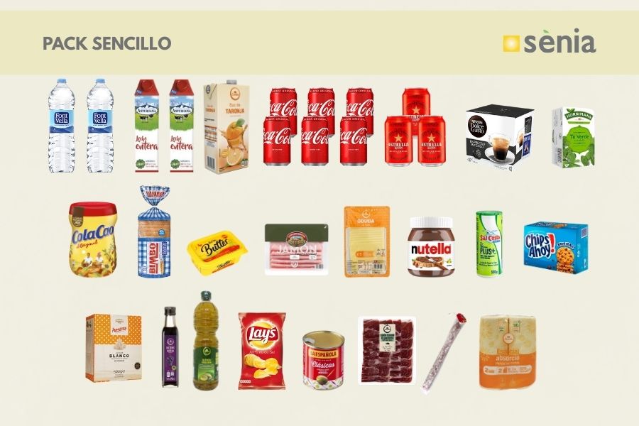 Simple supermarket pack at campsite with varied groceries and cooking essentials